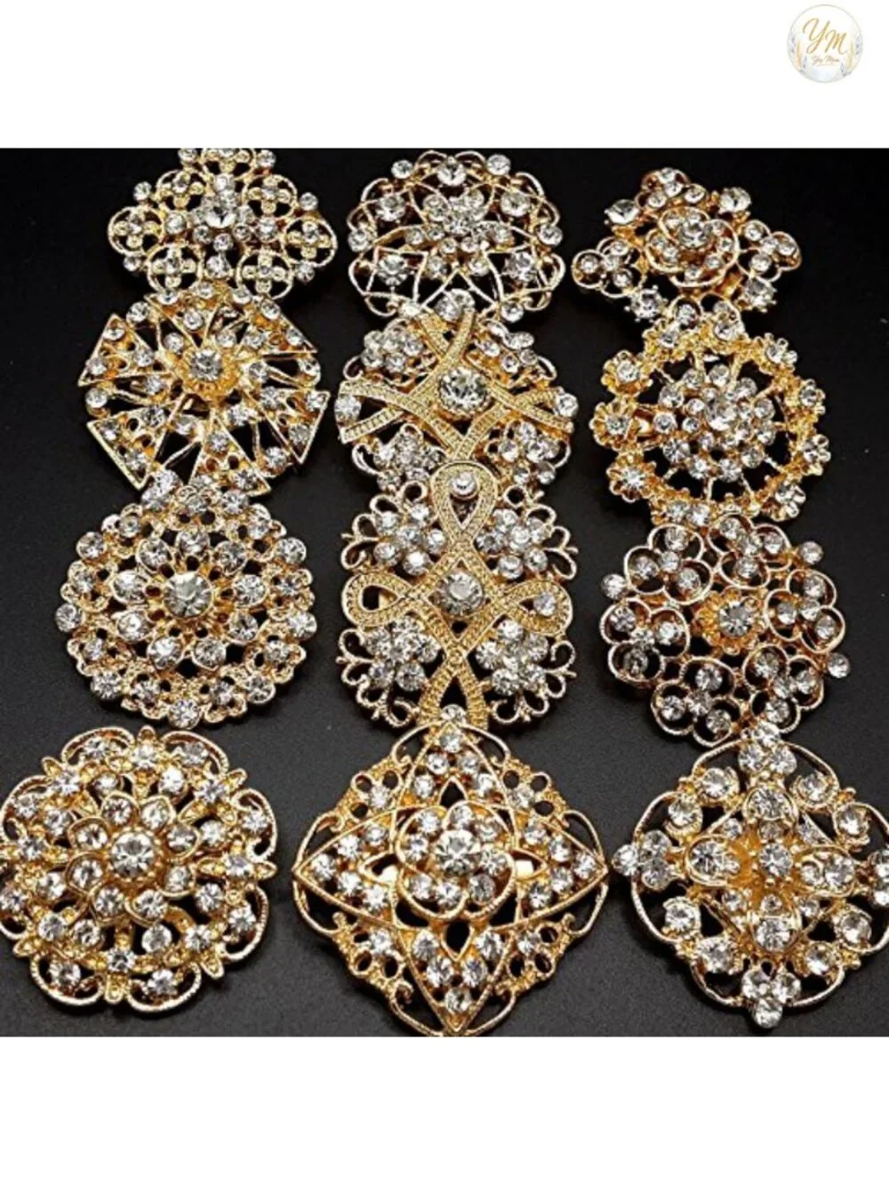 24pcs Brooches Set with Rhinestone Crystal Flower Pins for Wedding Bouquet